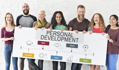 A group of employees holding up a board with personal development objectives on it.