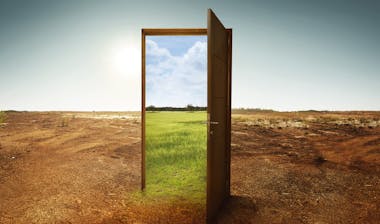A door with a mirror in a field.