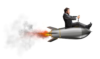 Businessman flying on rocket. How to manage performance.